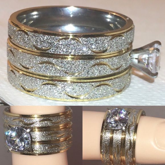 ⚜️ Two Tone Frosted Steel 3 Band Wedding Ring Set - Picture 9 of 13